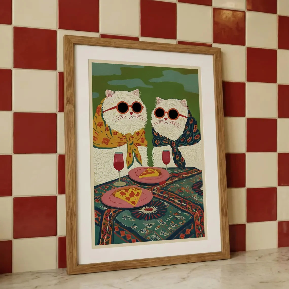 affiche cadre bois chat lunettes pizza vin pop art décoration murale salon cuisine