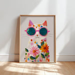 affiche murale chat lunettes fleurs colorée moderne blanche rose bleue verte orange jaune rougeviolette