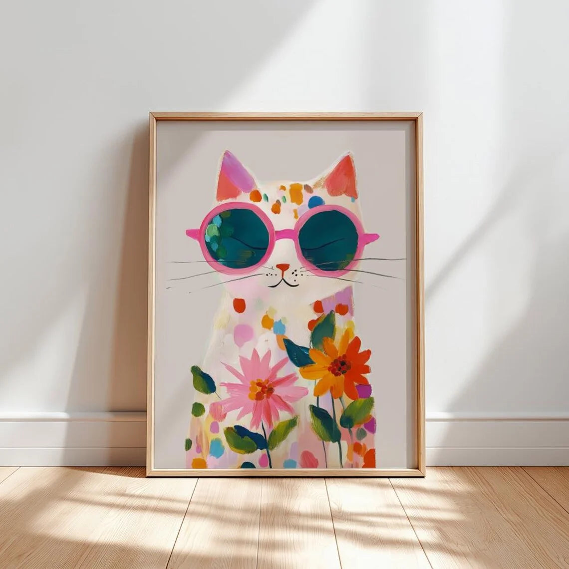 affiche murale chat lunettes fleurs colorée moderne blanche rose bleue verte orange jaune rougeviolette
