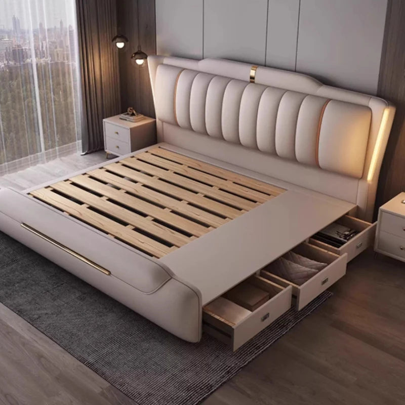 lit double simili cuir moderne beige gris pieds dorés tiroirs intégrés structure bois