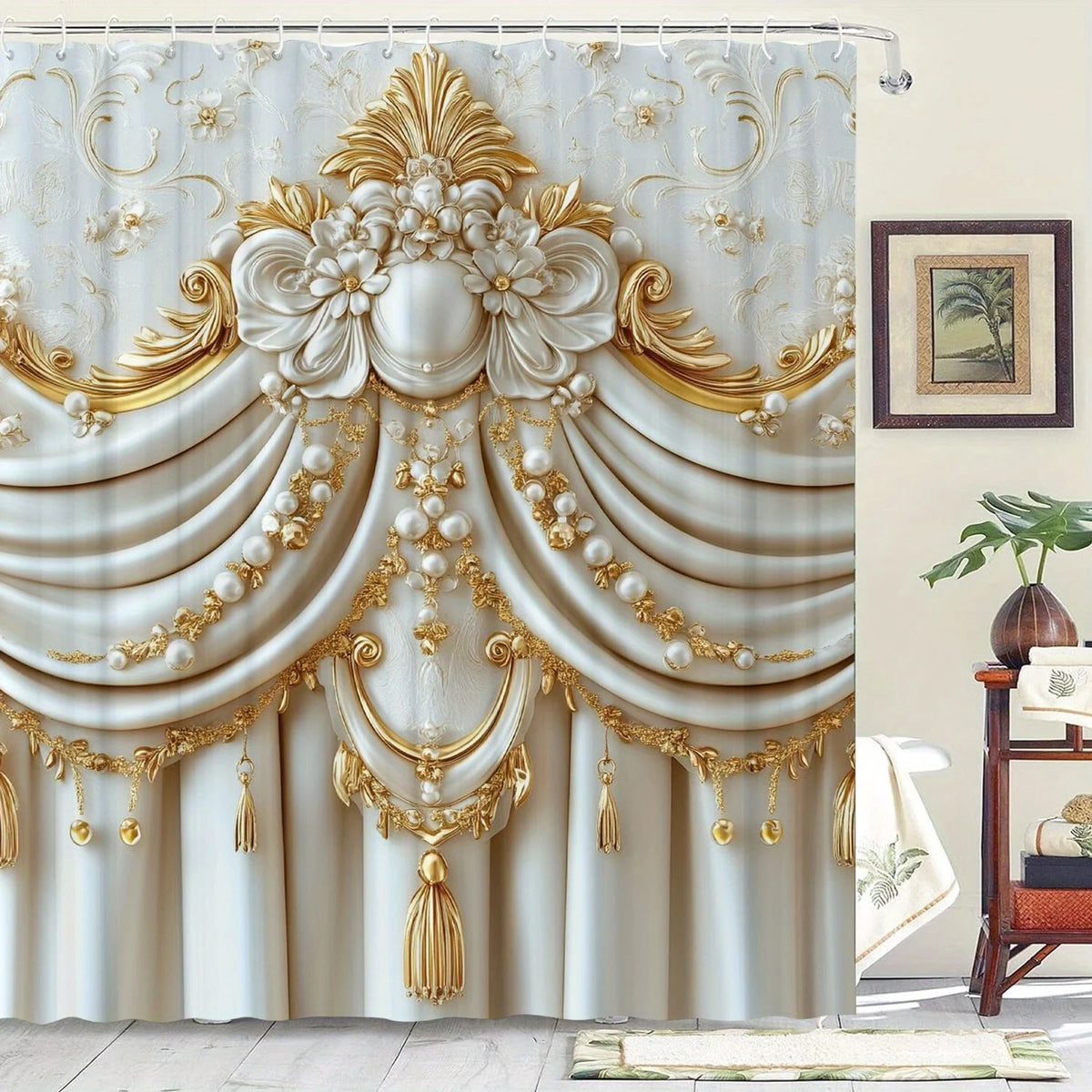 rideau douche blanc doré ornements baroques classique imperméable polyester respectueux environnement