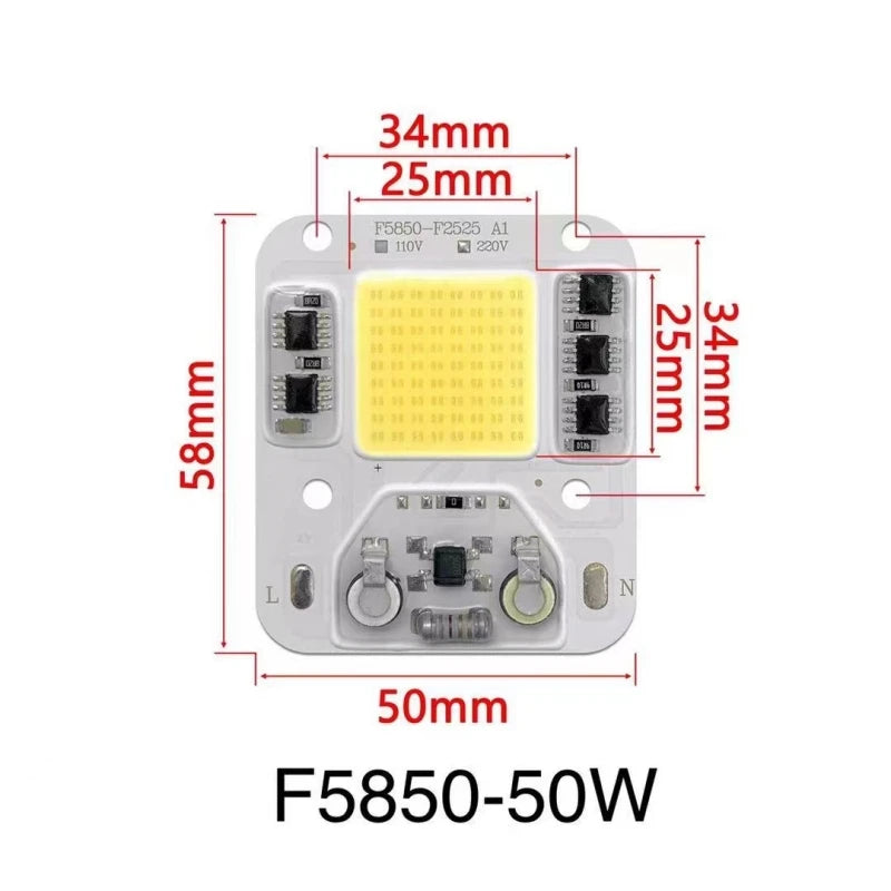 projecteur led module 50w blanc 6500k matériau électronique vis fixation 58x50mm