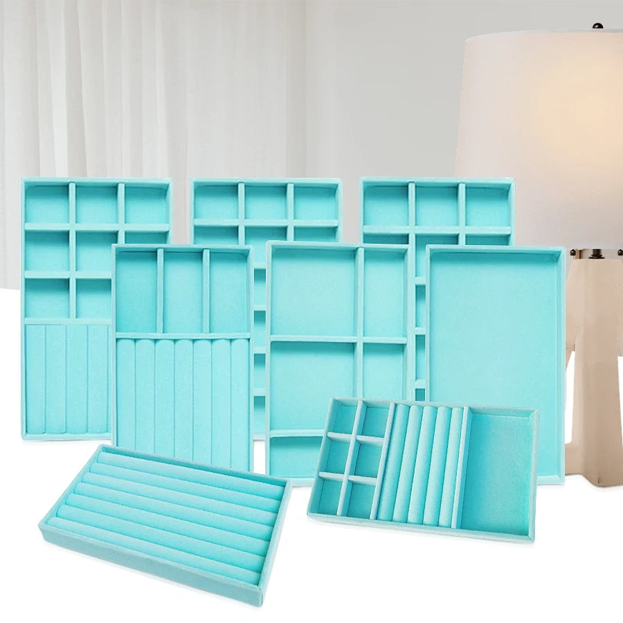 présentoir bijoux boîte turquois velours moderne pendentifs boucles d'oreilles rangement organisation plateau