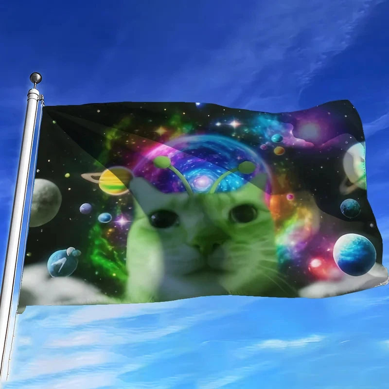 tapisserie murale chat espace vert motif galactique décoration chambre salon moderne humour tissu polyester