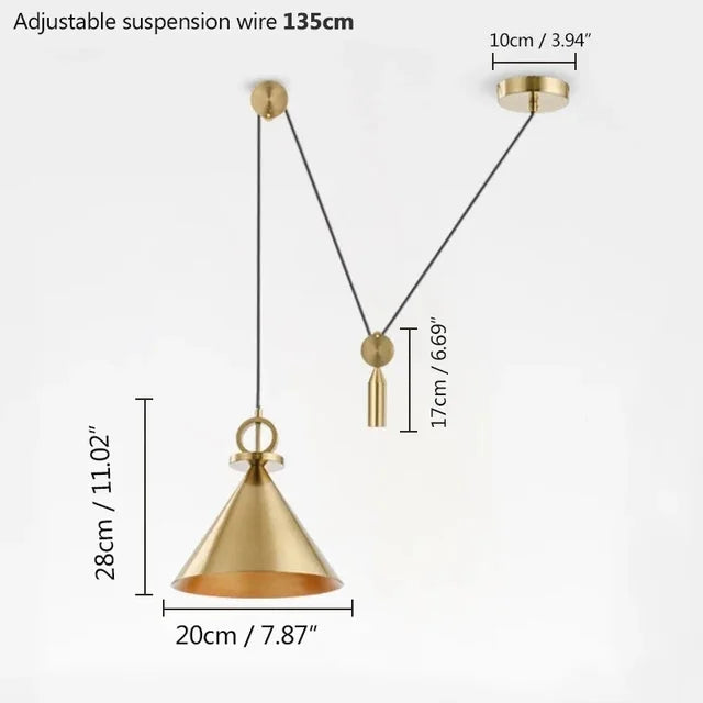 suspension lumineuse moderne or noir abatjour conique câbles métalliques anneaux dorés chambre salon