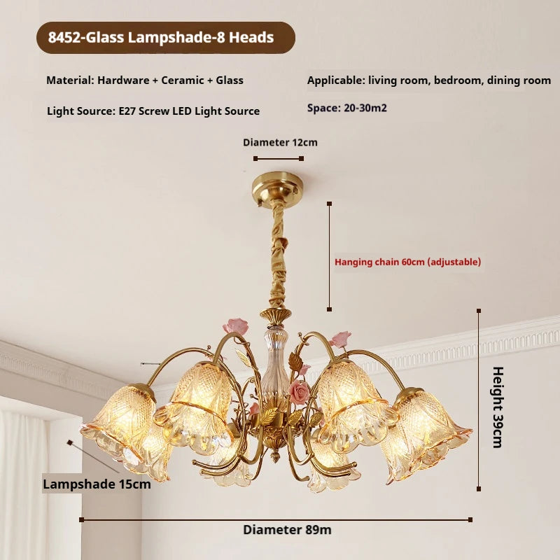 chandelier floral or rose led abat jours transparents têtes vintage