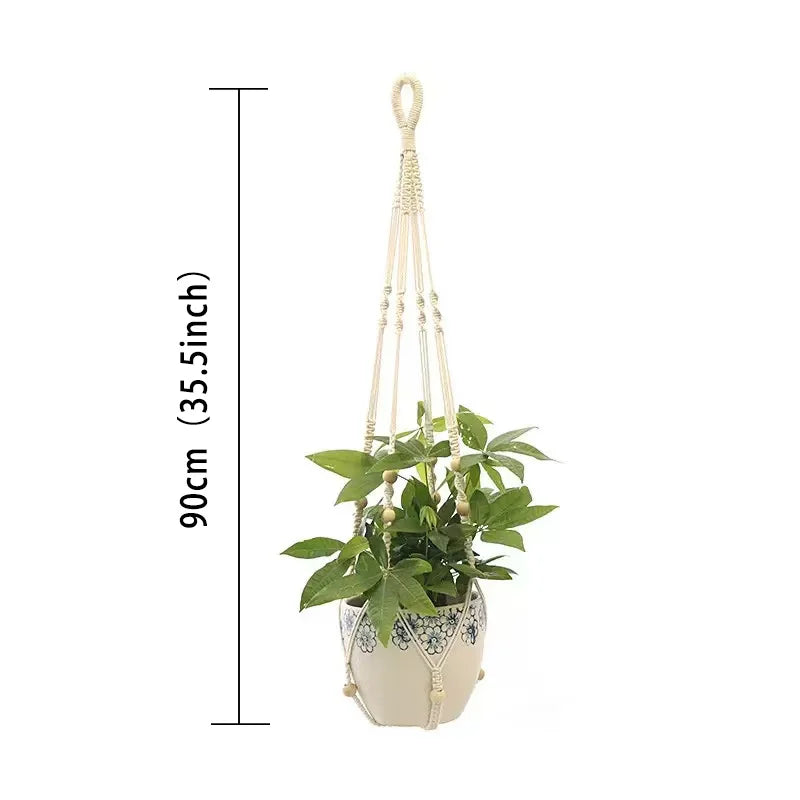 support plante suspendue macramé boho panier blanc noeuds réguliers artisanal pot fleuri