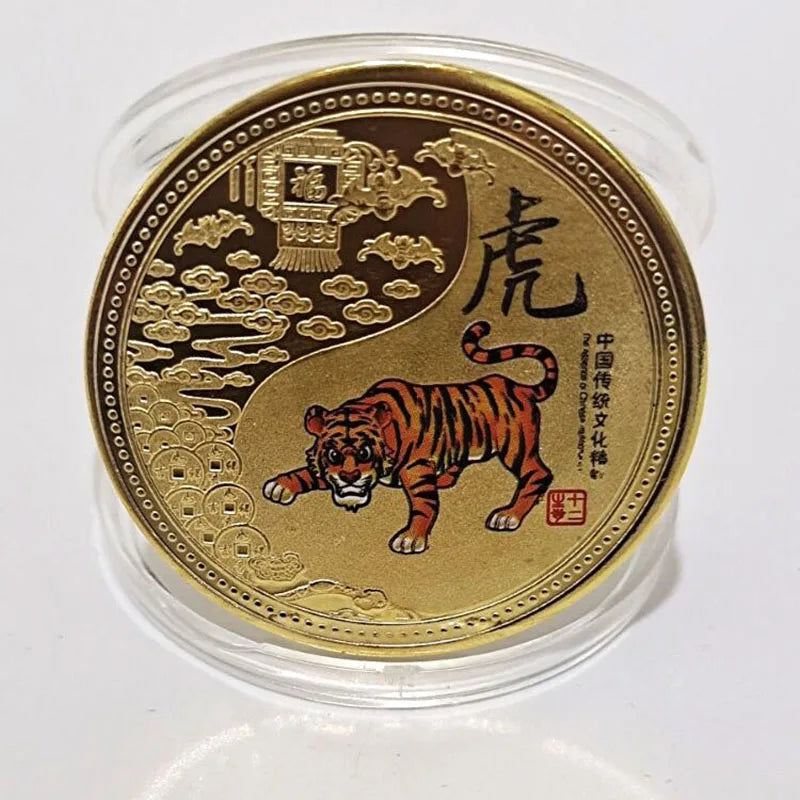 médailles zodiaque chinois animaux symboles yin yang decoration florale or rouge noire bleu verte