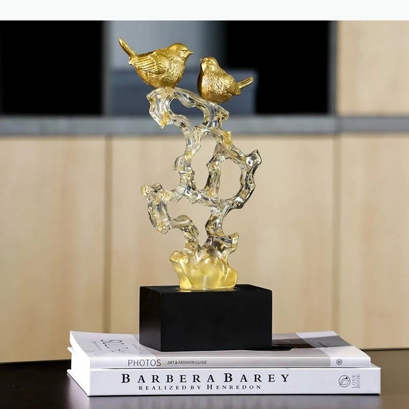 ornement oiseau résine transparent or maison moderne sculpture décoration deux oiseaux stylisés perchés structure