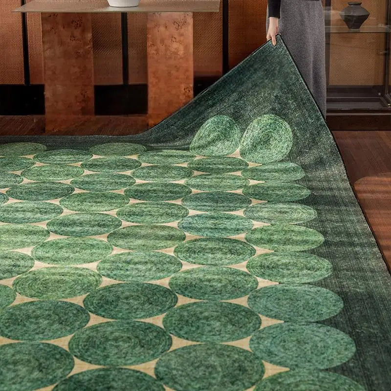 tapis vert moderne salon durable polyester texture douce adhésif circulaire géométrique