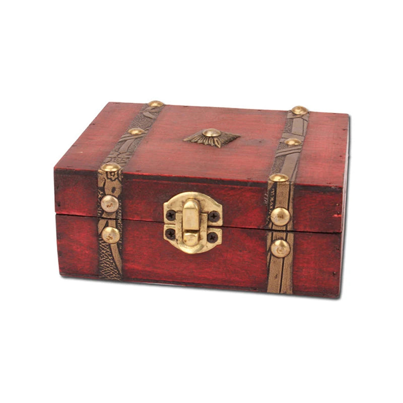 boîte bijoux bois rouge ornements dorés vintage cadenas bracelets noires multicolores