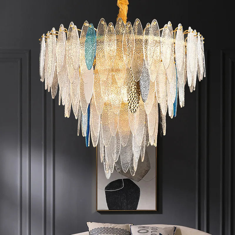 Suspension lumineuse moderne dorée feuilles transparentes bleu blanc élégante chambre salonhôtel