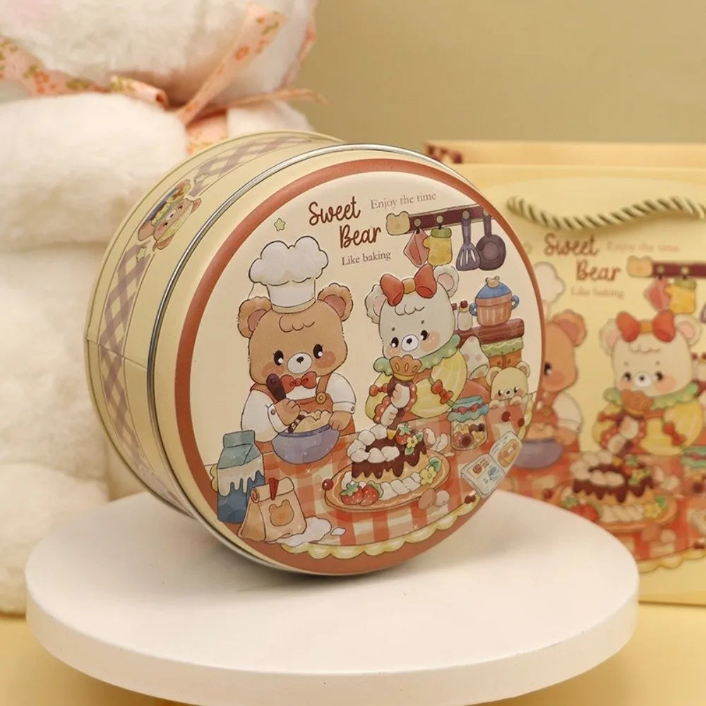 boîtes rondes métal dessin animé ours lapins fruits cuisine beiges vertes roses