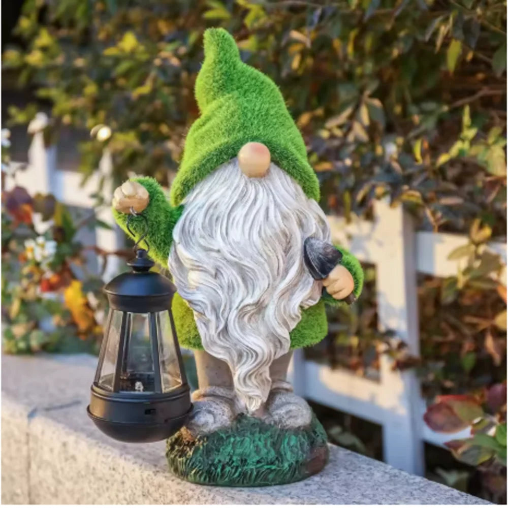 statue elfe nain résine lanterne verte barbe blanche motif ajouré lumière solaire patioextérieur