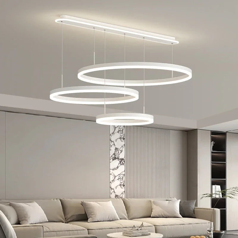 suspension lumineuse moderne anneau concentrique blanc noir led aluminium fixée chaînes