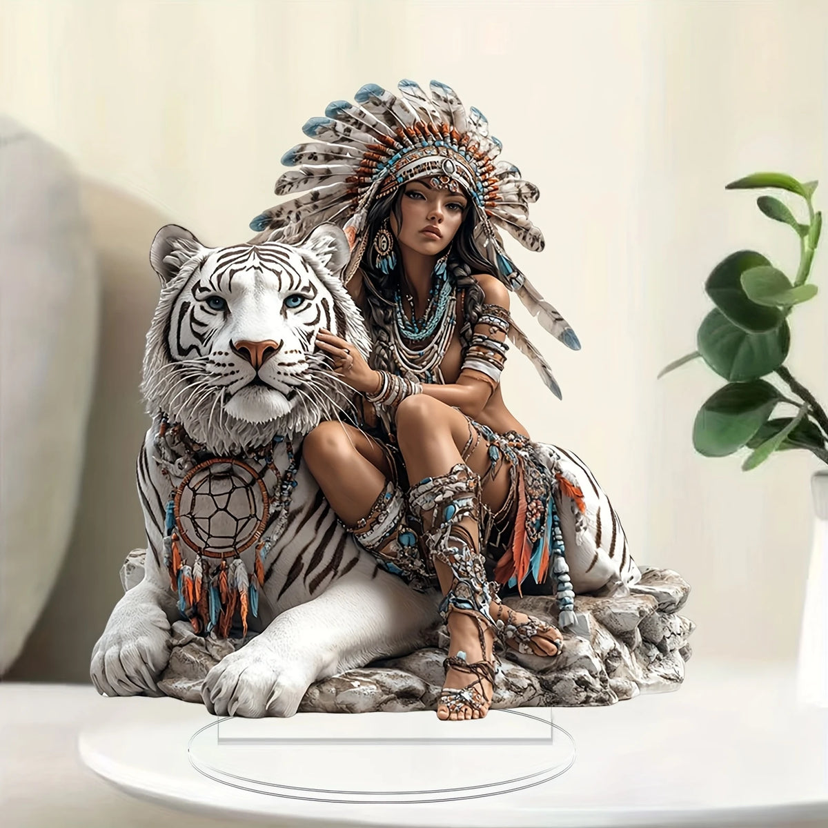 statue artisanale ethnique femme tribale blanc gris bleu orange adhésif base transparente