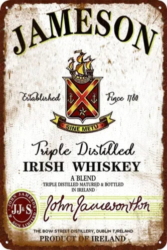 affiche art plaque publicitaire jameson logo whisky blanc rouge vintage