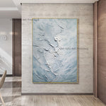 peinture l'huile abstraite vague bleu clair gris moderne texture rugueuse toile rectangle vertical sans