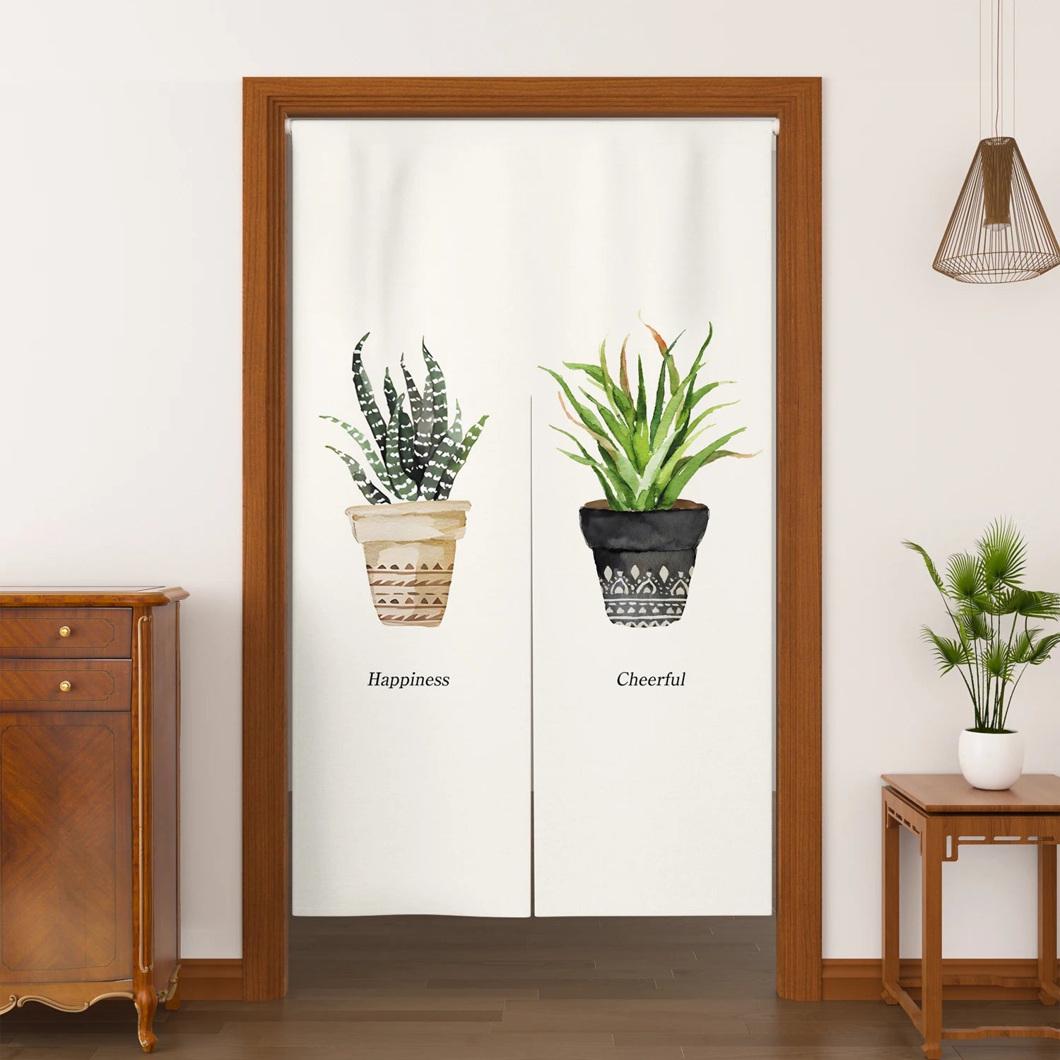 Détail du motif plante sur le rideau de porte en lin