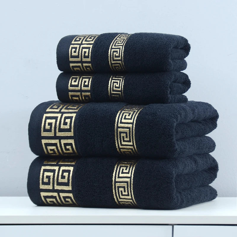 serviettes bain 100% coton brodées motif géométrique noir marron vert gris classiques