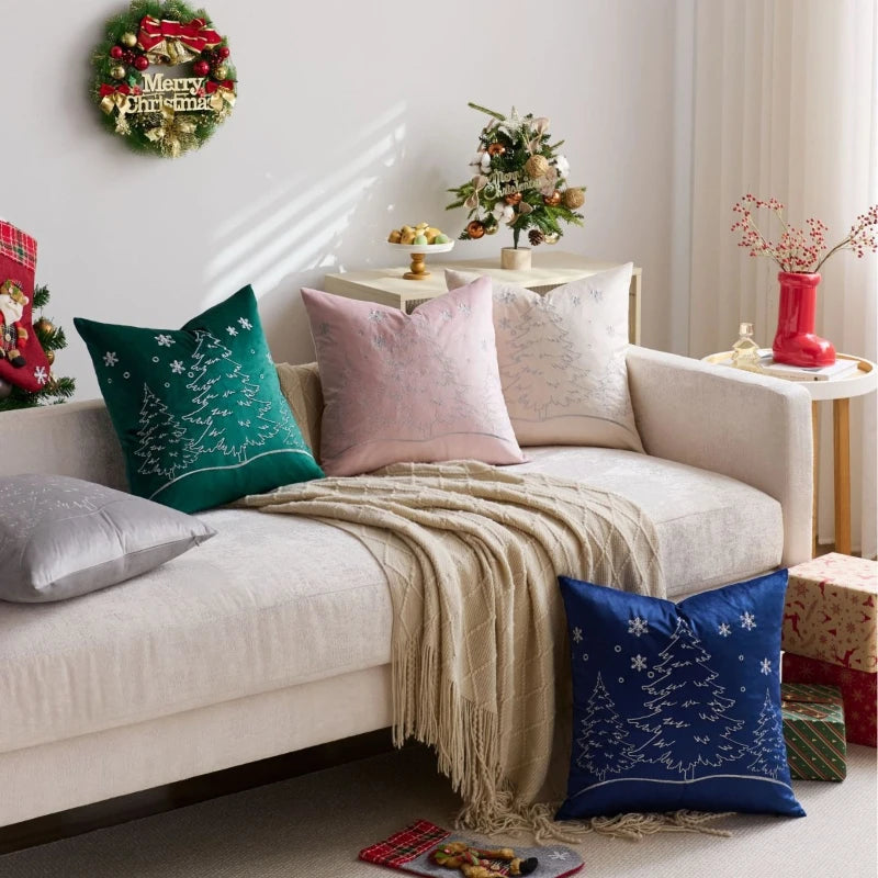 housse coussin brodée arbre noël moderne 45x45cm polyester coton velours rouge vert bleu gris