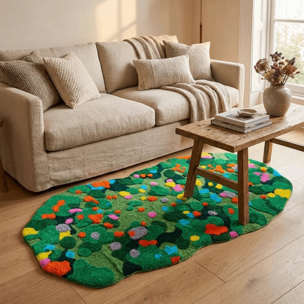 tapis vert fleurs moderne intérieur polypropylène géométrique jaune blanc rose orange doux
