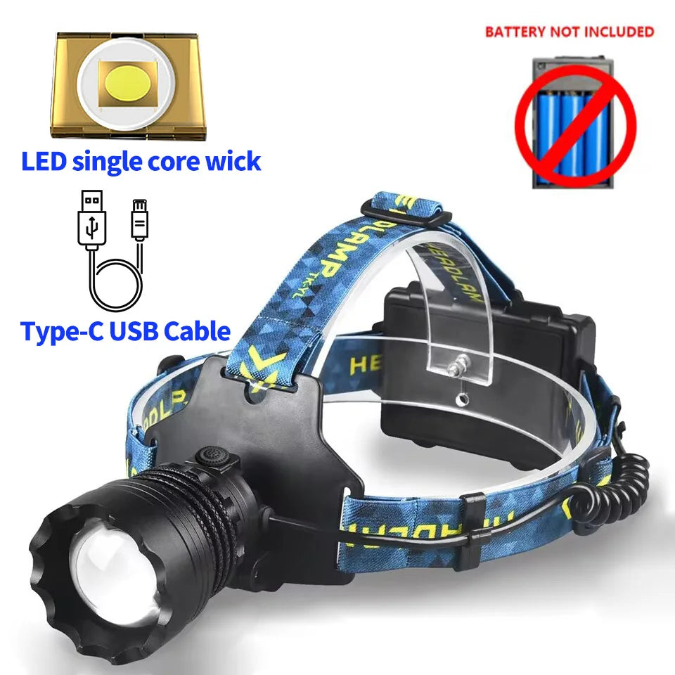 lampe frontale led puissante zoom ajustable cordon rayures bleu noir