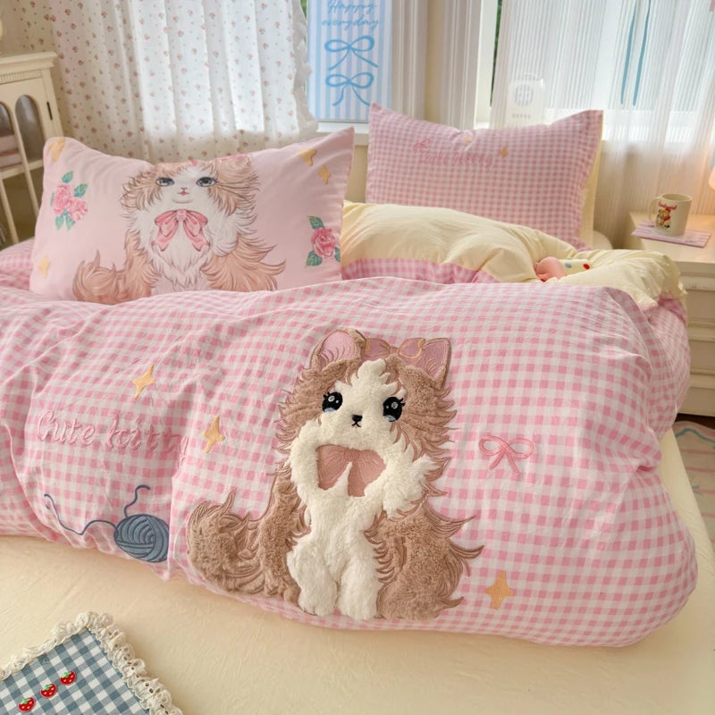 parure lit enfant fille rose chat mignon housse couette drap taies oreiller coton