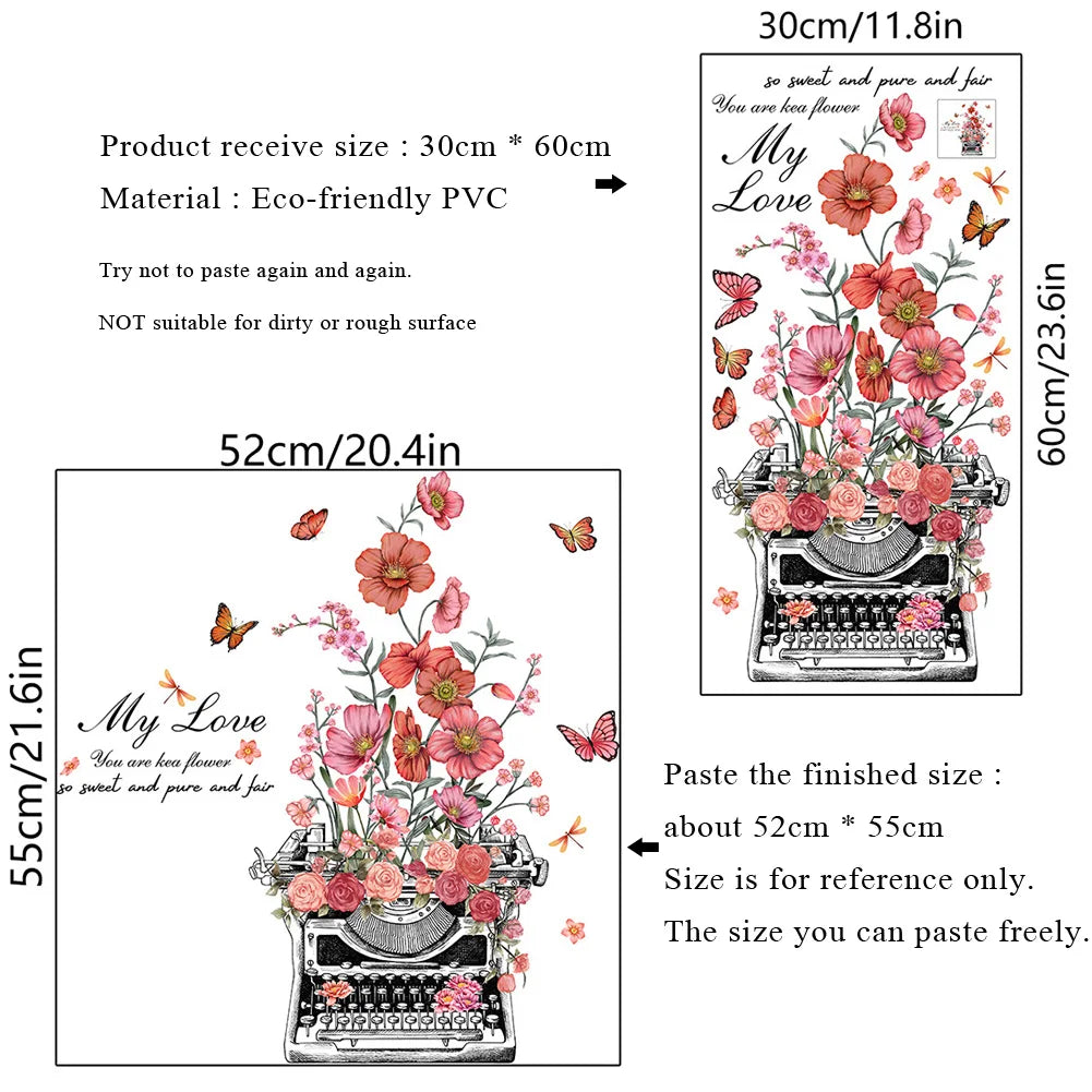 sticker mural fleurs vintage papillons machine écrire my love romantique noir blanc rose rouge