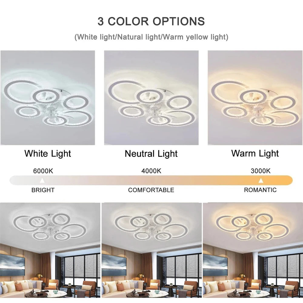 ventilateur led moderne blanc lumières télécommande strass circulaire 2000 82000 lumens