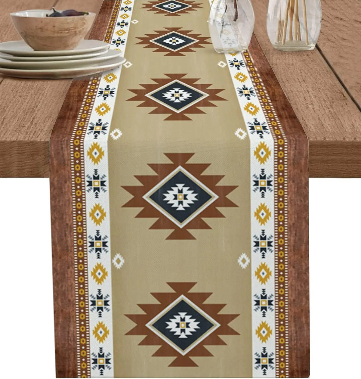 tableau chemin table lin aztèque beige marron bleu rouge moderne ethnique