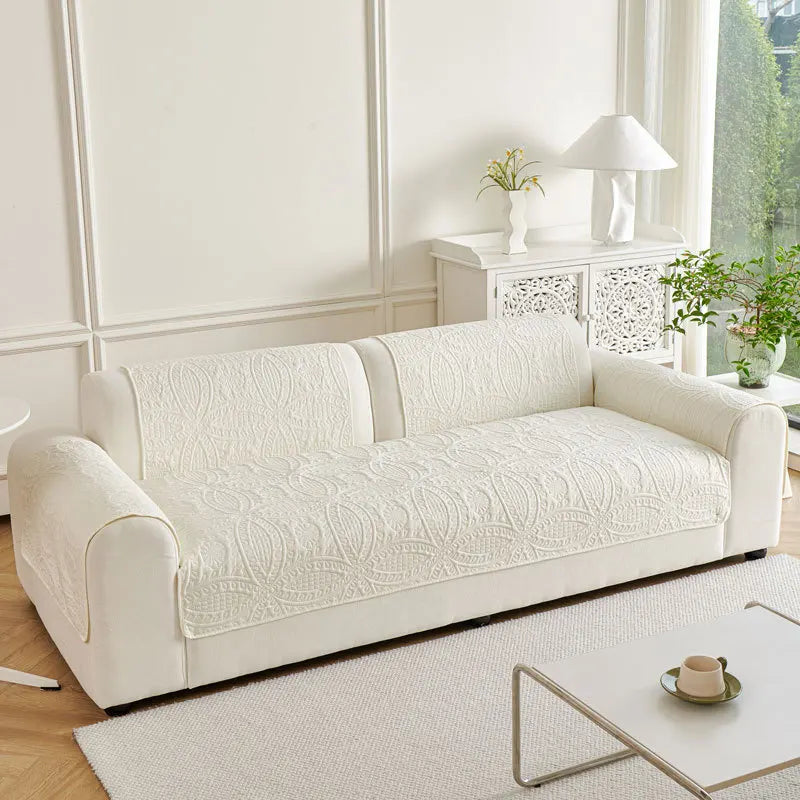 housse canapé classique broderie fleurs polyester beige gris clair salon fauteuil intérieur
