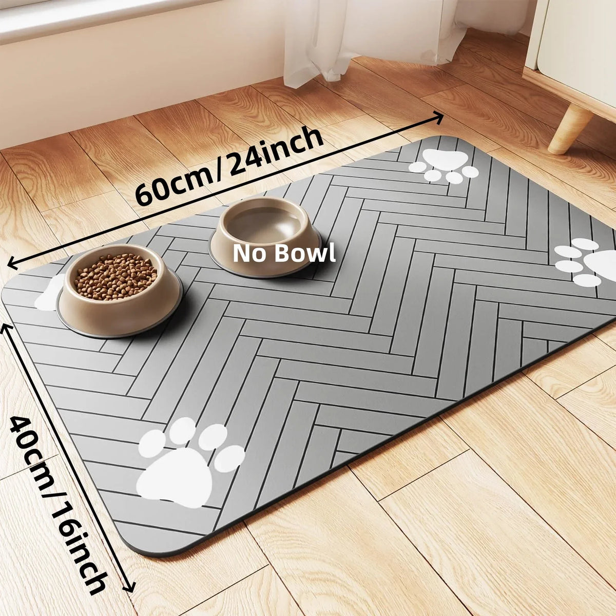 tapis nourriture chien gris rayures pattes diagonales absorbant durable deux bols alimentation