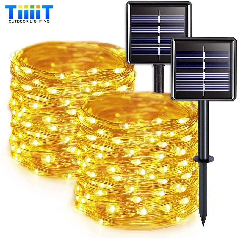 guirlande lumineuse solaire dorée 100 led 12m moderne piquet extérieur led multicolore ip65