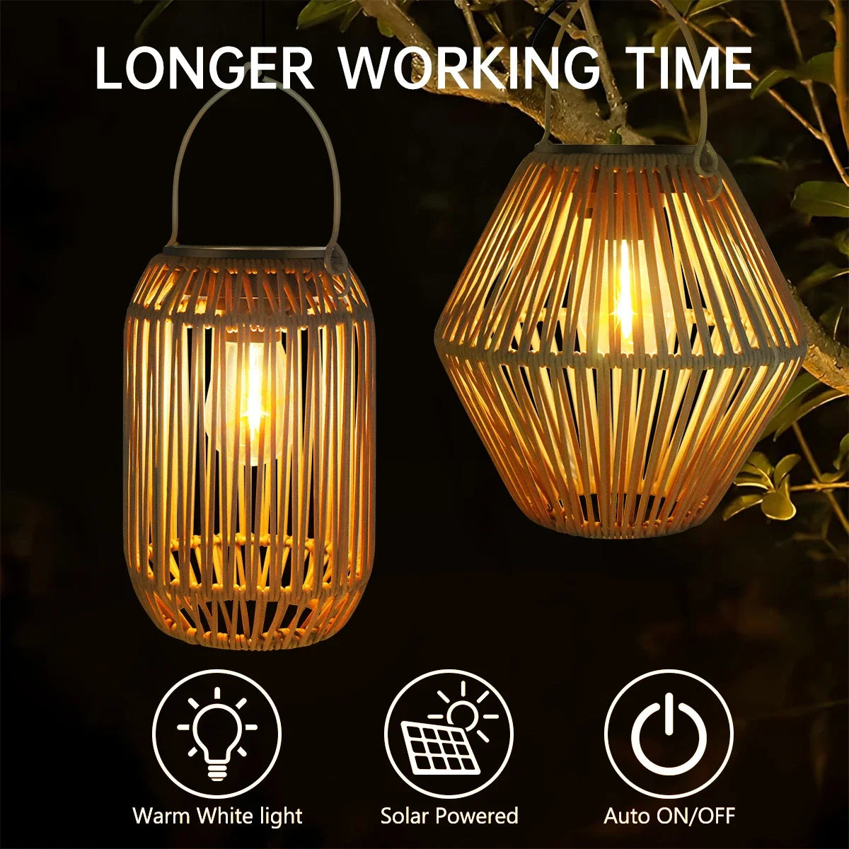 lanterne solaire marron clair tressée bambou rustique extérieur anneau suspension lumière naturelleextérieur