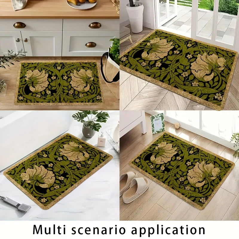 tapis sol art nouveau fleurs blanches vert foncé noir beige antidérapant polyester moderne