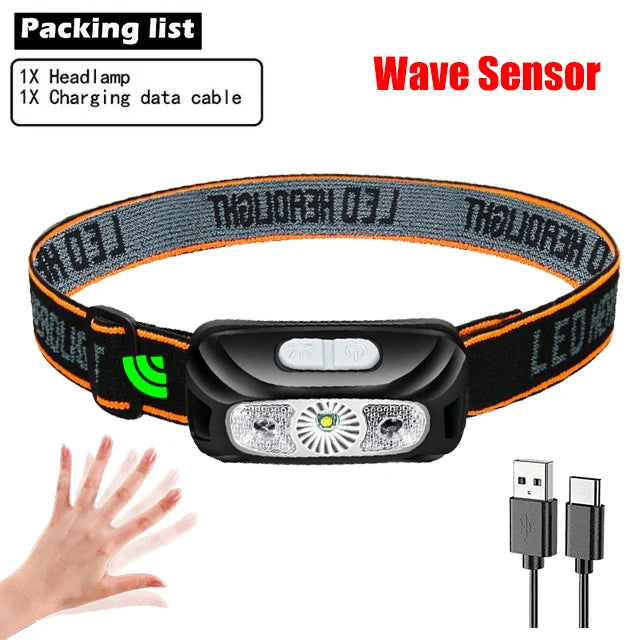 lampe frontale led noir orange rayures indicateur charge ceinture ajustable