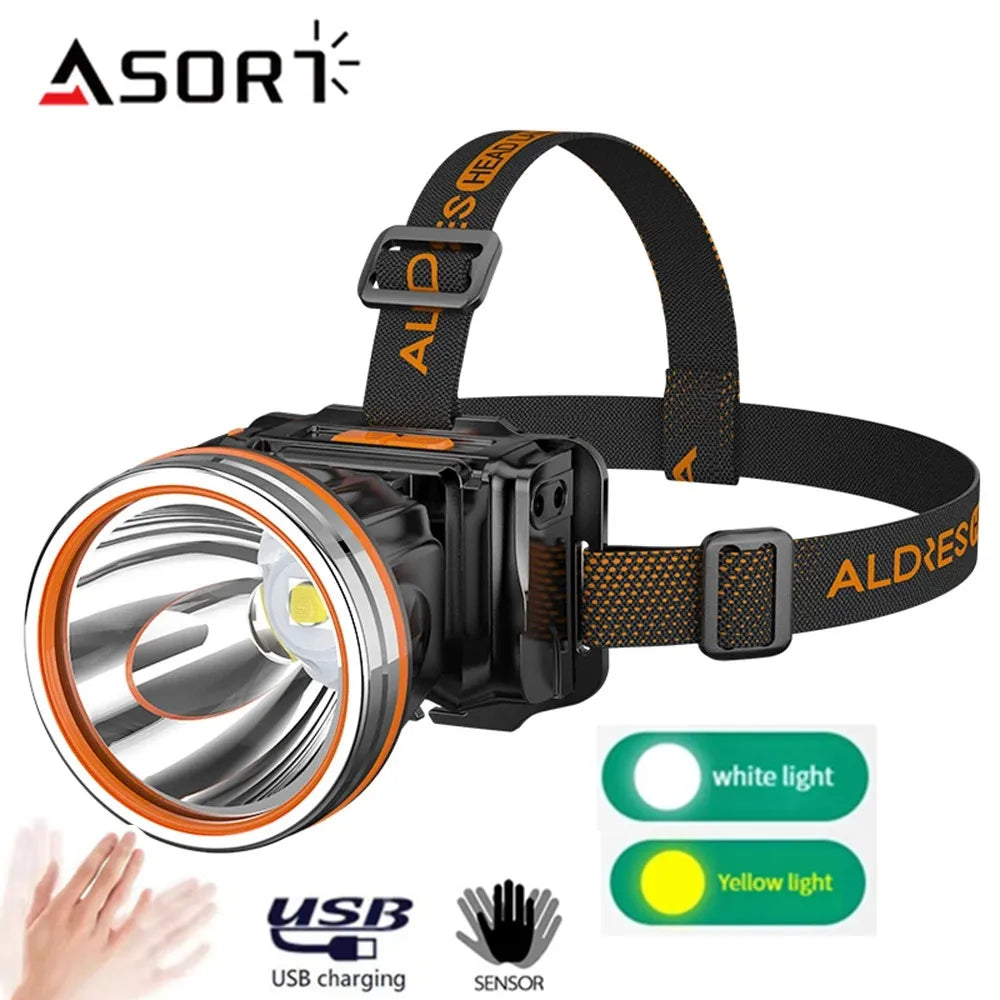 lampe frontale rechargeable noire orange bande ajustable indicateur lumineux mode