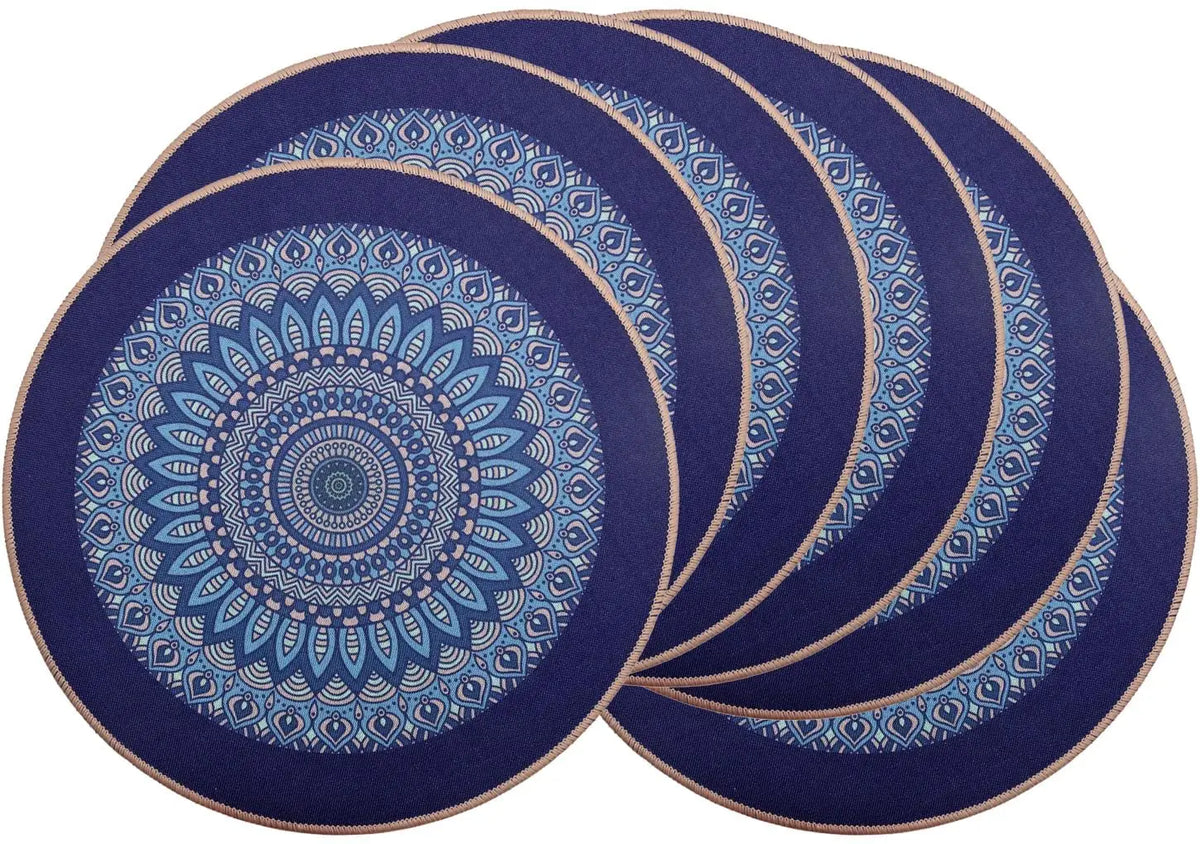 tapis table rond mandala boho chic bleu marine beige tissé imperméable résistant chaleur