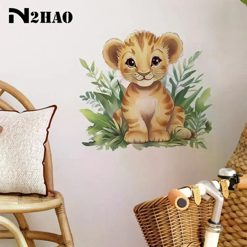 sticker mural illustration lionceau feuilles vertes orange chambre enfant salon decoration maison