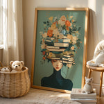 affiche murale illustration fleurs livres visage féminin vert beige blanc noir salon chambre