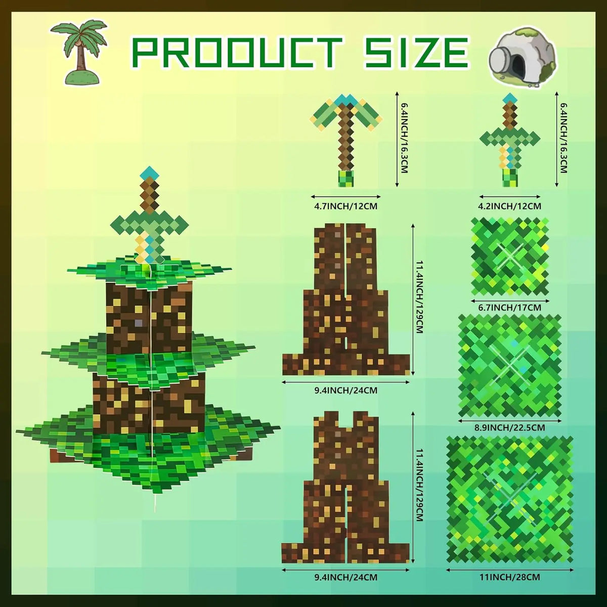 supports gâteau carton vert marron pixelés anniversaire fête thème minecraft decorations cupcakes