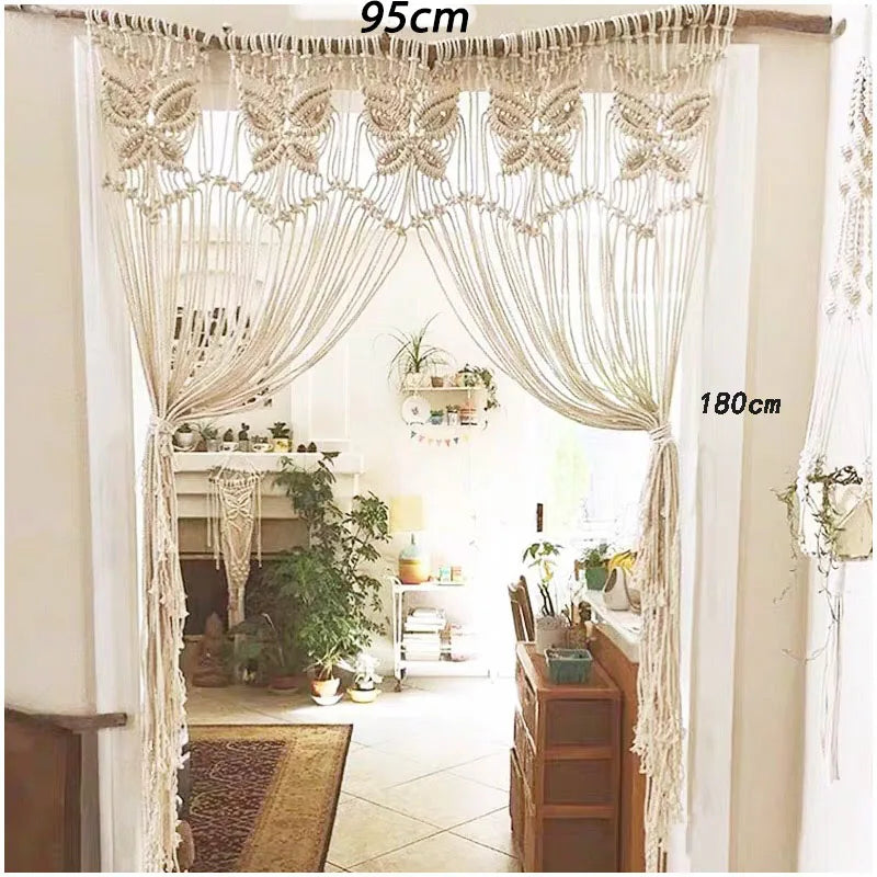 rideau macramé blanc cassé motifs géométriques franges boho chic crochets métalliques decoration interieur tissu