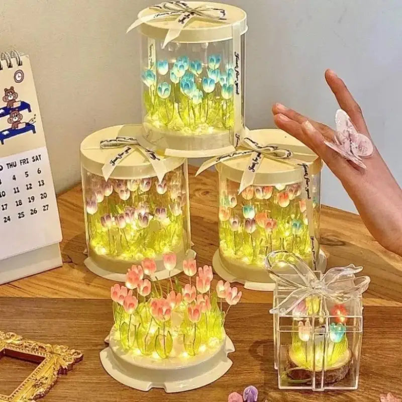 boîte gâteau lumineuse transparente tulipes colorées moderne décoration chambre veilleuse artisanale feuilles plastique