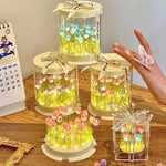 boîte gâteau lumineuse transparente tulipes colorées moderne décoration chambre veilleuse artisanale feuilles plastique