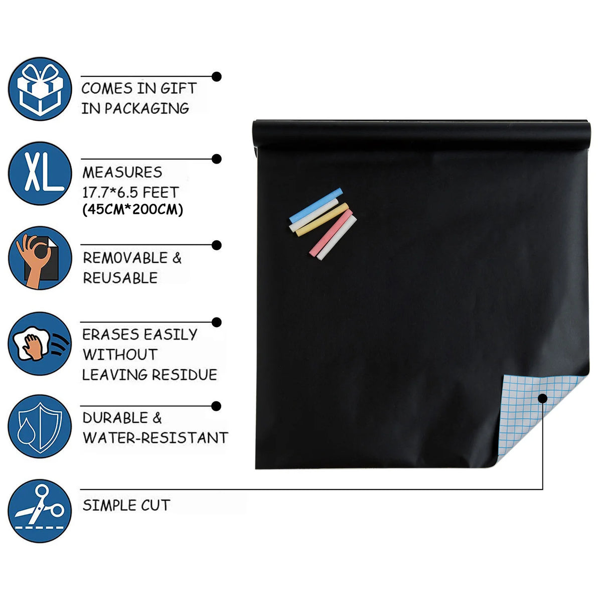 tableau noir autocollant quadrillage bleu craies couleurs chambres enfants éducatif décoratif repositionnable