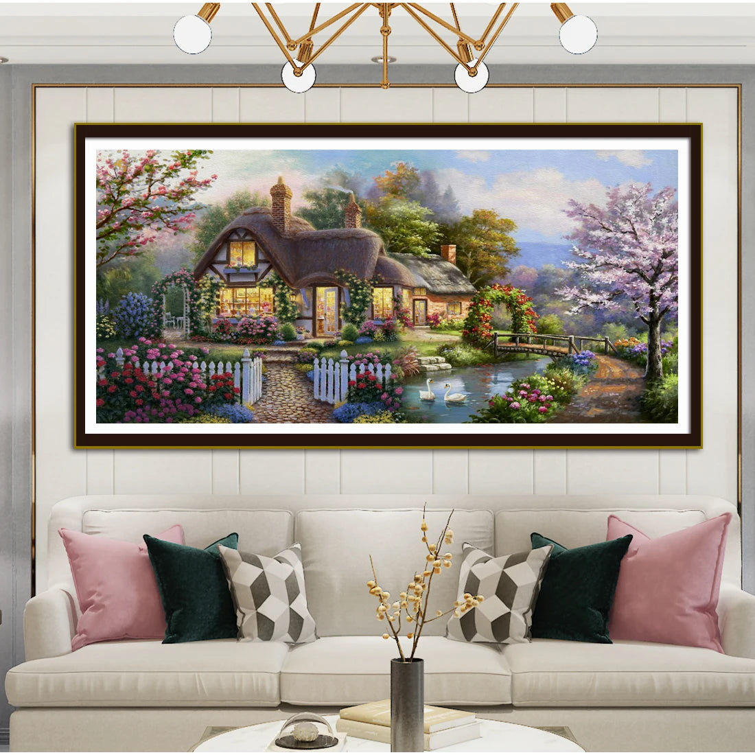kit broderie paysage rural maison jardin fleuri pont animaux tissu imprimé peinture moderne multicolore