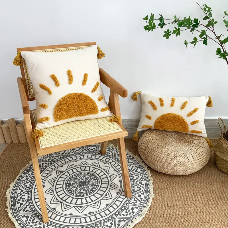 coussin boho chic blanc motif soleil doré adhésif tassel lavable moderne 45x45cm 30x50cm