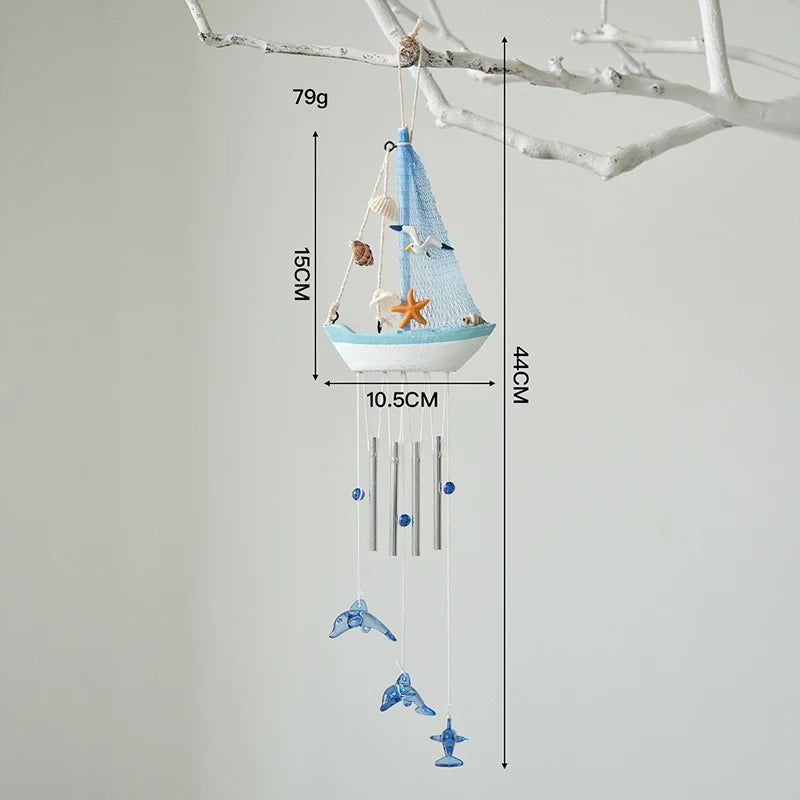 mobile vent thème marin motifs maritimes roue bateau coquillages étoiles mer bleu blanc orange