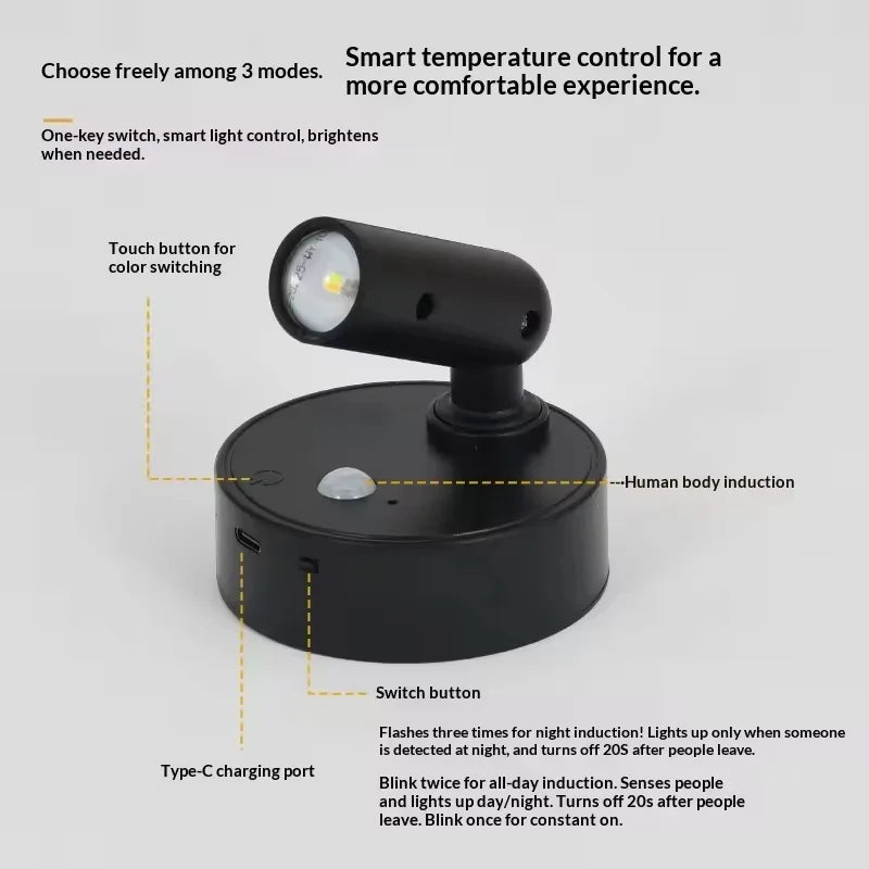 Spot lumineux led noir blanc rechargeable usb adhésif tactile couleur infrarouge moderne minimaliste